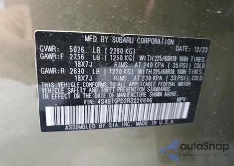 2024 Subaru Outback Touring z USA, uszkodzony, nr VIN 4S4BTGPD2R3220846